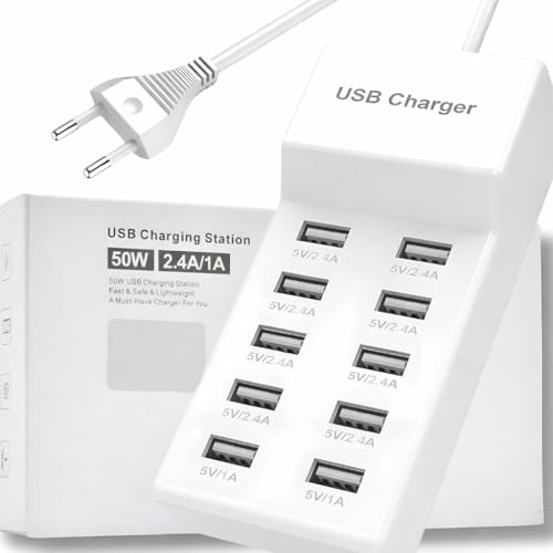 Image of Upix 50W 10-Port USB Charging Station with Smart Auto Detect, Multi-Port Charger Hub, 5V /2.4A Fast Charging for Mobile Phones, Tablets, Smartwatch, Earbuds, Power Bank, AC 100-240V, White