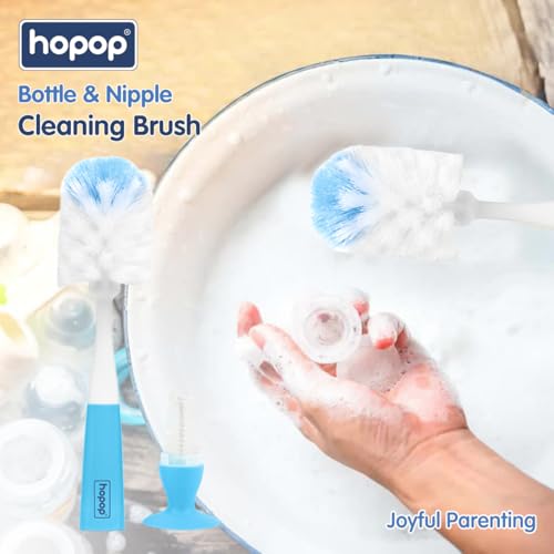 Image of Hopop 2-in-1 Baby Feeding Bottle Cleaning Brush: Durable, Flexible Bristles & Nipple Cleaner, Comfortable Grip, Suction Base for Organized Kitchen - Blue
