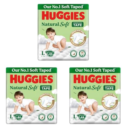 Image of Huggies Natural Soft Premium Tape Diapers Large (L) Size, 9-14 kgs,44 Count | Our No.1 Soft Taped Diaper with Cloud Soft Bed and Runny Poo Absorption (Pack of 3)
