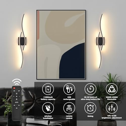 Image of Battery Operated Wall Sconces Set of Two, Black 31.4 inch 3 Color LED dimmable Wireless Wall Sconce with Remote Control, USB Rechargeable Wall Lights for Living Room Bedroom Hallway Background