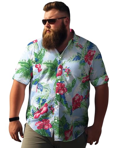 Weecreeture Big and Tall Men's Hawaiian Shirt - Short Sleeve, Tropical Floral Button Down Casual Summer Beach Shirt Cerulean Hibiscus 3X-Large Big Tall