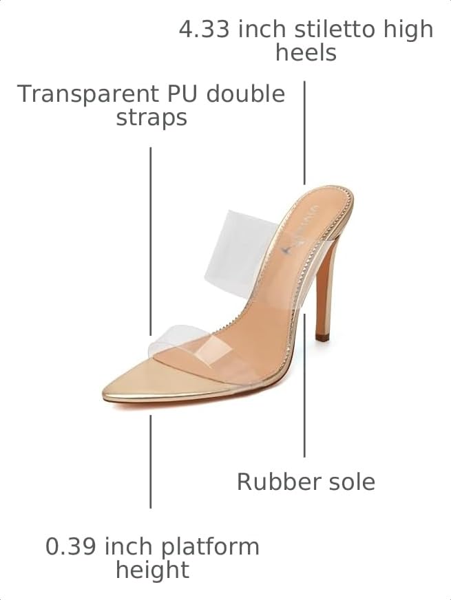 Image of vivianly Clear Pointed Toe Heels Sandals Transparent Strap Stiletto High Heels Slip on Mules for Women