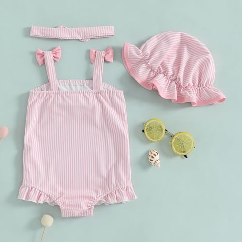 Toddler Baby Girls Striped Sleeveless One Piece Bikini Swimsuit Ruffle Bathing Suit Swimwear with Hat4