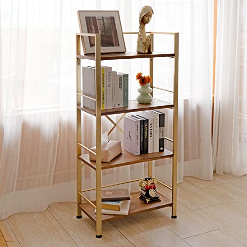 Crofy 4 Tier Gold Bookshelf, Real Wood Bookshelf Simply Assembled In 10 Minutes, Metal Book Shelf For Storage, Bookcase For Office Organization And Storage, 12.6 D X 23.62 W X 50.39 H Inches #TOP5