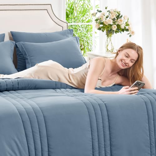 Image of CozyLux Queen Comforter Set Grayish Blue - 7 Pieces Bed in a Bag, Modern Vertical Quilted Room Decor, Soft All-Season Bedding Gift with Comforter, Sheets, Pillowcases & Shams