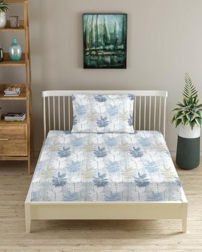 Image of Trance Home Linen 100% Cotton 80 inchx38 inch inch Printed Elastic Fitted Bedsheet | College /Hostel Use Fitted Bedspread with 1 Pillow Cover (80 inchx38 inch | 6.6x3.1 feet, Ferns Blue)