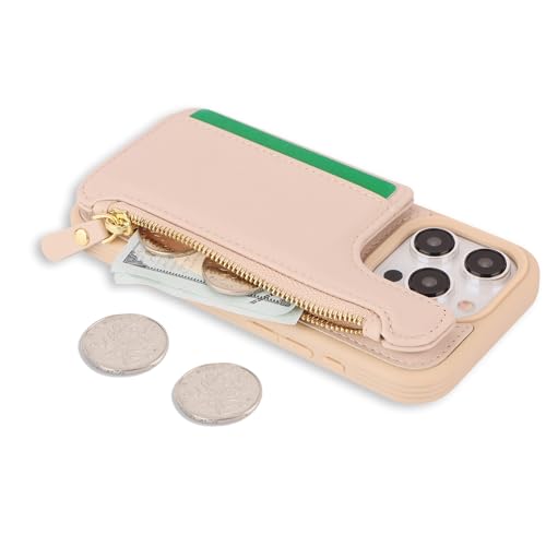 Image of Cavor for iPhone 13 Pro Case with Card Holder,for iPhone 13 Pro Wallet Case for Women Men,Leather Magnetic Clasp Zipper Pocket Protective Phone Cover-Cream