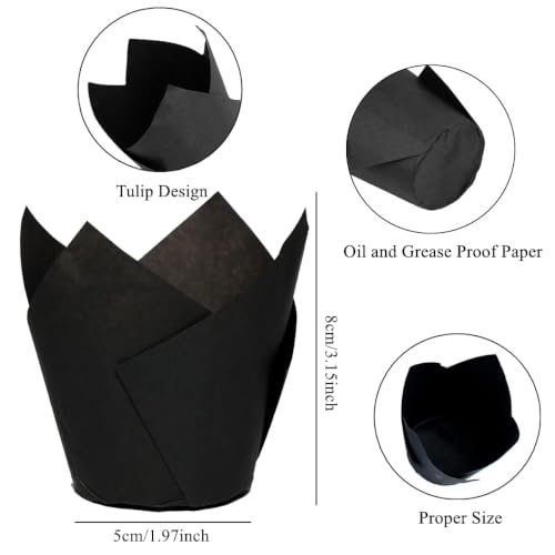 Image of 200 Pieces Tulip Cupcake Muffin Liners Greaseproof Paper Baking Cups Cupcake Wrappers for Halloween Party Birthday Wedding Baby Showers Catering (Black /Green /Orange /Purple)