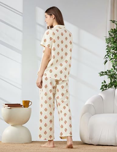 Image of Amazon Brand - Myx Women Cotton Shirt and Relaxed Pajama Set | Night Suit Set (Available in Plus Sizes)