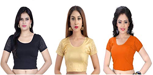 Image of Fressia Fabrics Women's Stretchable Readymade Saree Blouse Pack of 3-100black 117gold XXX
