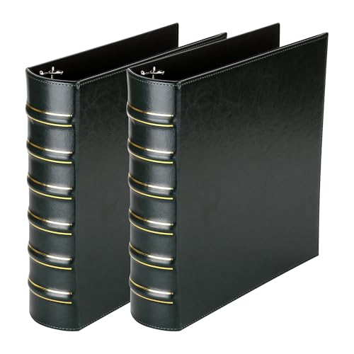Image of LETVPVOW Vintage Hardback 3 Ring Binder 2 Inch, Professional Leather Binders 2 Inch D Ring, Holds 400 Sheets Capacity 2 Pack - Dark Green
