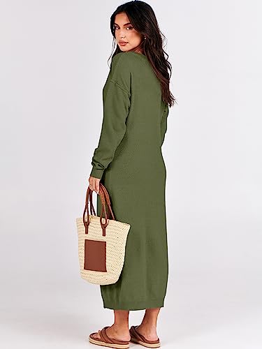 Image of ANRABESS Women Long Sleeve Button V Neck Oversized Casual Loose Fit Waffle Knit Fall Midi Sweater Dress 2026 Trendy Outfits