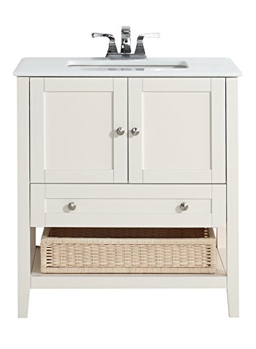 SIMPLIHOME Cape Cod 30 inch Contemporary Bath Vanity in Soft White with White Engineered Quartz Marble Top