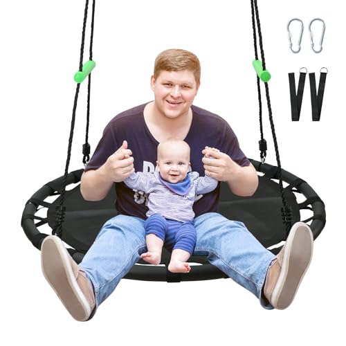 YSEJOMP Black Round Saucer Swing with Handles and 5FT Extra Straps -Made of Sturdy Frame,PP Mat,Adjustable Multi-Strand Ropes,Safe and Durable for Yard Garden Playground Park (40 inches Diameter)