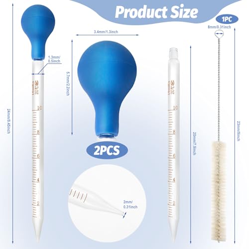Glaspipette Pipette 10ml,2 Stück Glas Pipetten,Transfer Pipette,10ml Tropfpipette Flüssigkeiten Messpipette,Pipette Groß mit Gummi-pipettierball x 2 + Reinigungsbürste x 1