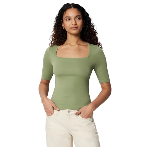 T-Shirt Ajusté Femme à Manches Mi-Longues et Col Carré Noir