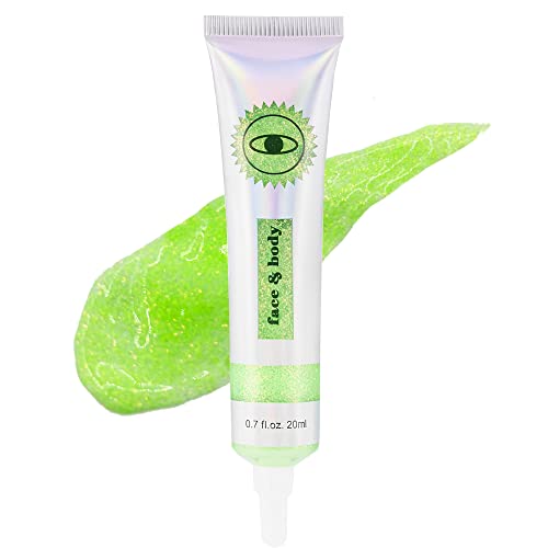 Gel de purpurina de cara verde para atuendo de festival, gel de brillo corporal de larga duración, sombra de ojos líquida, lentejuelas autoadhesivas, purpurina para rostro, cuerpo, cabello, festival