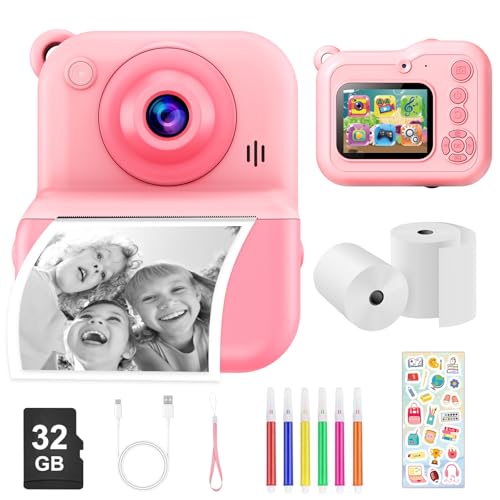 Dusefogo Appareil Photo Instantané Enfants,1440P Appareil Photo Numérique Enfant Caméra Vidéo avec Carte de 32GB Rouleaux de Papier d'impression Cadeau Garçons pour Garçons Filles de 3-12 Ans(Rose)