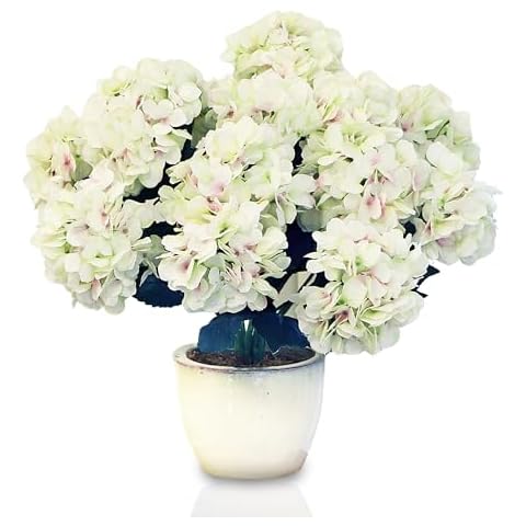 Larksilk Real Touch Hydrangea Silk Flower Bush - Seven Heads Per Bush, Indoor & Outdoor Silk Plant with Adjustable Stem & Rich Green Leaves - Artificial Hydrangea Flowers for Outdoors UV Resistant Cover
