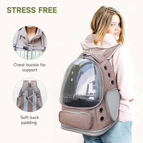 Image of Cat Backpack Carrier, Breathable Cat Carrier Pet Backpack for Kitty Small Dog Up to 15Lbs, Transparent & Foldable Pet Carrier for Travel Hiking (Khaki)