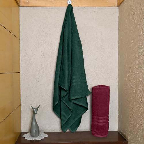 Image of Divine Casa 100% Cotton Bath Towel Set of 2, 550 GSM Ultra Soft Highly Absorbent Thick Towels, Large 75 x 150 cm, Maroon & Green Combo