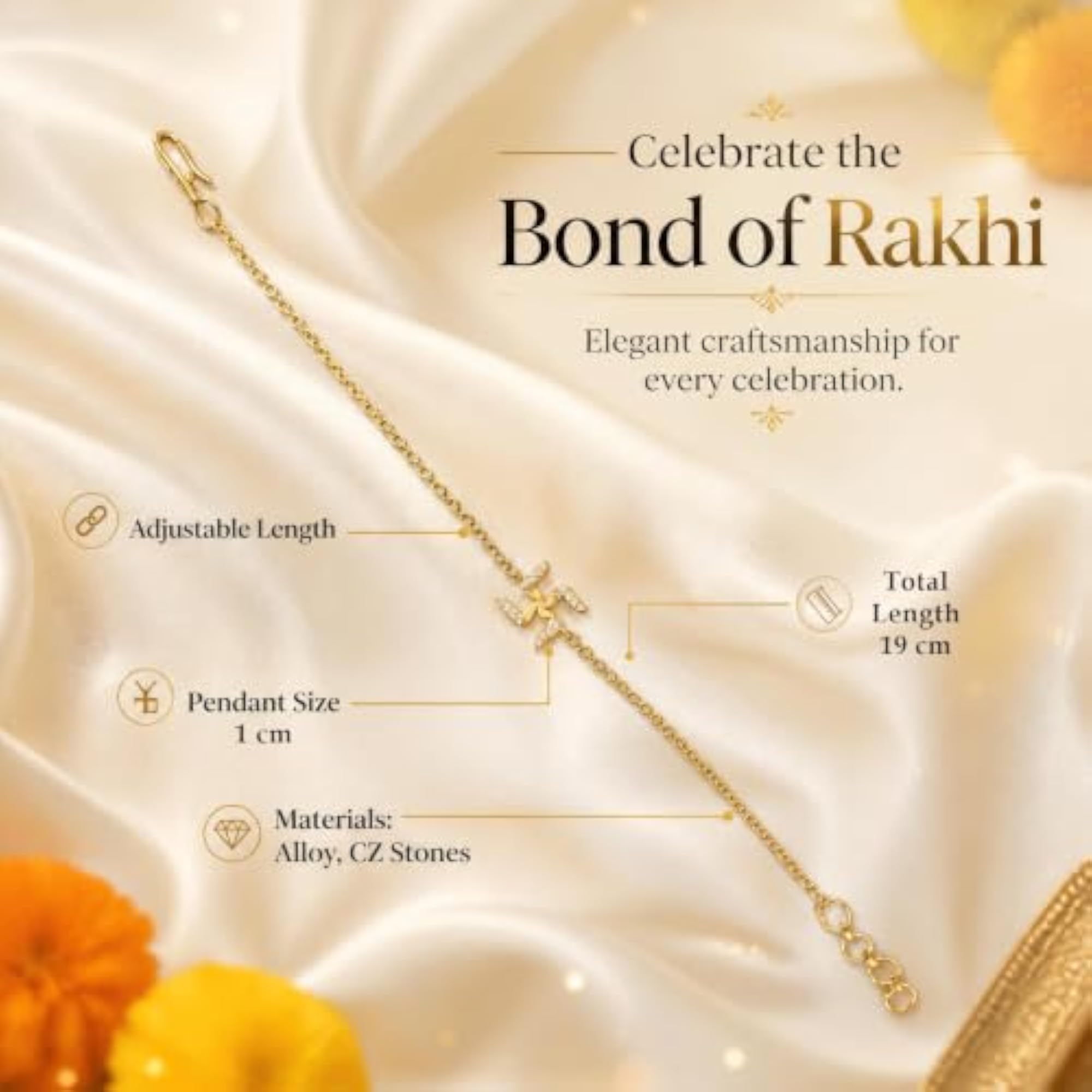 Gold Plated Swastik Rakhi Bracelet for Men & Boys, Adjustable