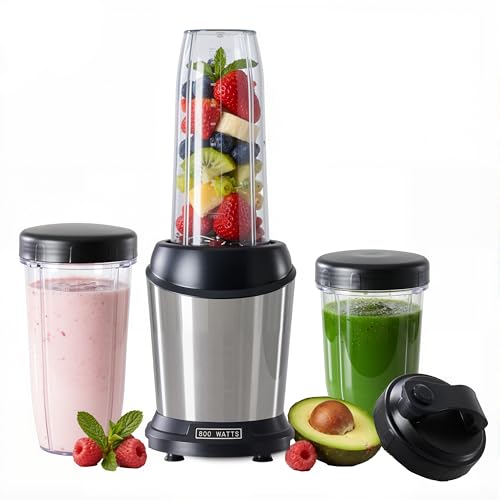 Simple Deluxe Personal Smoothie Blender, 800W Blenders for Shakes and Smoothies with 3 BPA-Free Portable Cups Countertop Blenders for Ice Crushing, Frozen Drinks, Milkshake, Juice, Silver by Simple Deluxe - Used condition - US$31.36