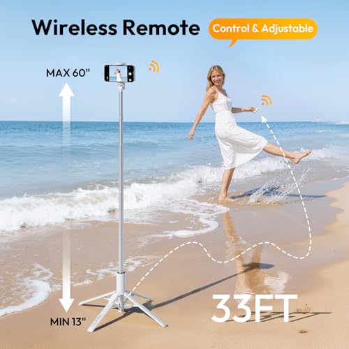 Image of ULANZI MT86, 60 inch Automatic Phone Tripod Stand with Wireless Remote, Adjustable Auto‑Open Selfie Stick for iPhone Android, Portable Extendable Travel Tripod for Selfie /Vlogging, White | Auto-Open Anti-Slip Base Aluminum Stand with Cold Shoe Bluetooth Controller, Lightweight for vlog TikTok Live Stream Travel