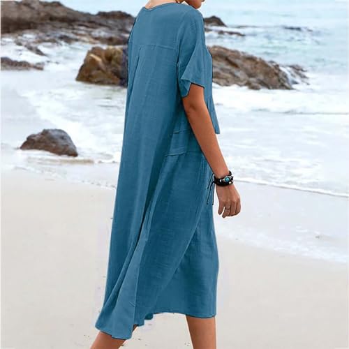 Dresses for Women 2024 Casual Summer Cotton Linen Dress with Pocket Short Sleeve Long Dress Solid Crew Neck Dress4