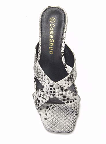 Comeshun Women Low Kitten Heel Mules Cross Strap Slide On Sandals Square Toe Dress Pumps Snake Prints Size 8 #TOP2