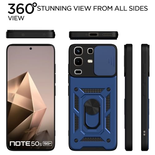 Image of Pikkme Back Cover for Infinix Note 50s 5G | 360 Protection Case | Sliding Camera Shield Cover & Ring Holder Stand D10 Tough Armor Bumper Case (Blue)