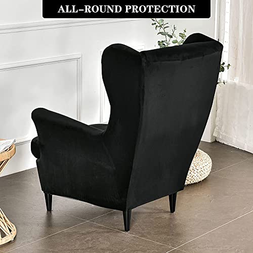 Pendejato Wing Chair Slipcovers, 2 Piece Stretch Wingback Chair Cover Soft Velvet Armchair Covers With Elastic Bottom For Living Room Bedroom (Black) #TOP3