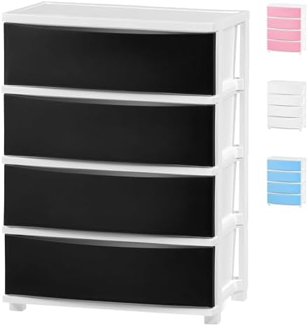 IRIS USA 4 Drawer Wide Storage Drawer Cart with Caster Wheels, Plastic Rolling Dresser for Home Closet Bedroom Bathroom Office Laundry Kitchen Craft Room Nursery and School Dorm, Black/Clear