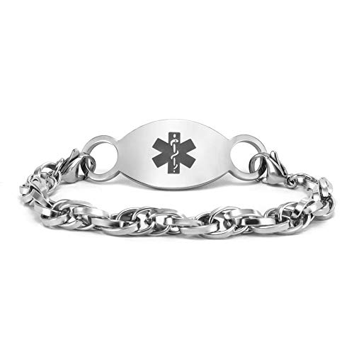 Personalized Medical Alert ID Awareness Bracelet for Women and Men Customized Stainless Steel Waterproof Emergency ID Bracelets 6 to 8 inches,Free Engraving