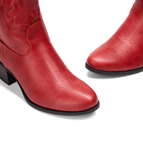 DREAM PAIRS Women's Western Cowboy Cowgirl Embroidered Ankle Boots Fashion Low chunky Heel Round Toe Fall Short Booties Shoes,Size 6,Red,SDAB2432W
