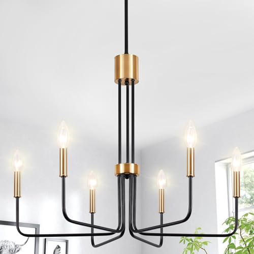LXWNYY Modern Black and Gold Chandelier,6-Light Farmhouse Chandelier for Dining Room Light Fixtures Ceiling Hanging Industrial Chandelier Light Fixture for Kitchen Living Room Bedroom Entryway