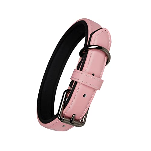 OFHome Pink Leather Dog Collar Soft Padded Comfortable Adjustable Wider and Thicker Pet Collars Best for Small Medium Large Dogs with Heavy Duty Buckle