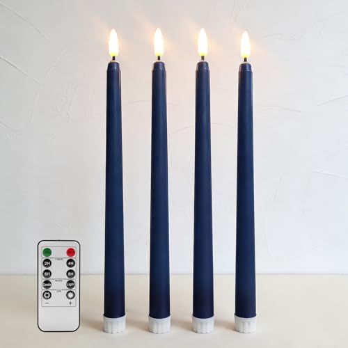 Image of Navy Blue Flameless Taper Candles with Remote Timer, Flickering Battery LED Candlesticks Set of 4