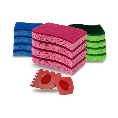 Image of Non-Scratch Cellulose Scrub Sponges, Multipurpose ECO Friendly Plant Based Kitchen Cleaning Sponges, Dual-Sided, with Pan and Grill Scrappers, 12 Pack Blue, Green and Pink