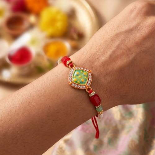 Image of Peora Rakhshabandhan Thread Rakhi for Brother Bhaiya | Kundan Beads & Crystal Studded | Combo Set of 2 | Rakhi Hamper Roli Chawal & Greeting Card