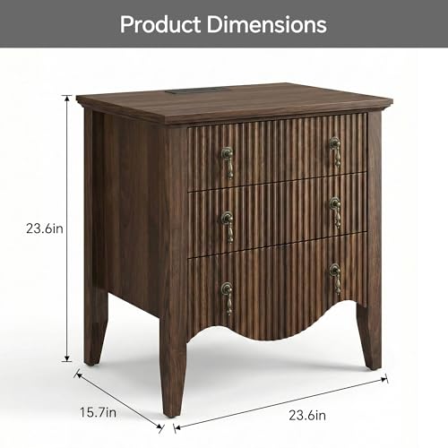 Image of FUSUNBAO Fluted Nightstand with Charging Station & 3 Drawers,Walnut | Vintage Bedside Table, 2 Fluted Drawers and Open Shelf, Rustic End Table, Power Outlet and USB Ports,End Table.bedroom