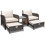 LEVELEVE Balcony Furniture 5 Piece Patio Conversation Set, PE Wicker Rattan Outdoor Lounge Chairs with Soft Cushions 2 Ottoman&Glass Table for Porch, Lawn-Brown Wicker