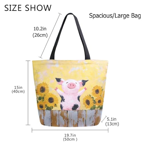 Sunflowers Field Cute Pig Painting Extra Large Canvas Gym Shoulder Tote,Durable Daily Reusable Top Handle Bag for Mens Womens Yoga Weekender Picnic Beach Travel Market Shopping3