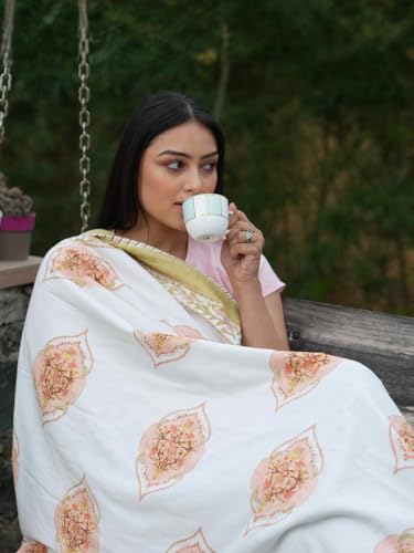 Image of Madhurika Queen Size Quilt | Hand Block Floral Printed | Muslin Dohar - 100% Cotton | 3-Layer Lightweight Reversible Blanket - Soft, Breathable, Travel-Friendly Throw for Home & Bedroom (Peach)