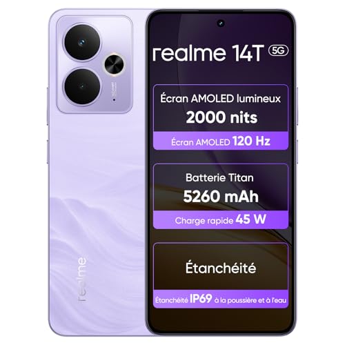 realme 14T 5G Écran Esport AMOLED 120 Hz et autonomie 5260 mAh en couleur Violet Foudre