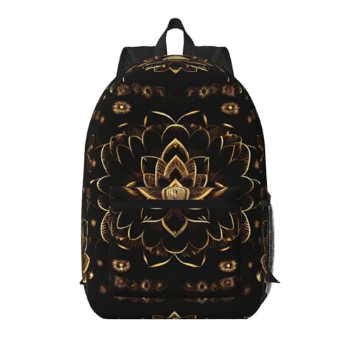 Sac à dos de voyage portable noir à motif fleurs de lotus dorées 43 cm