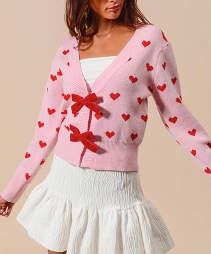 Image of Valentine's Day Cardigan Sweaters for Women Love Heart Print Button Down Cropped Cardigans Y2K Open Front Knit Sweater