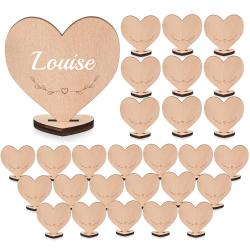 Clabby 50 Pièces Marque Places en Bois pour Mariage Décoration de Table avec Socle en Forme de Cœur Porte Marque Place Rustique 3D en Bois pour Décoration...