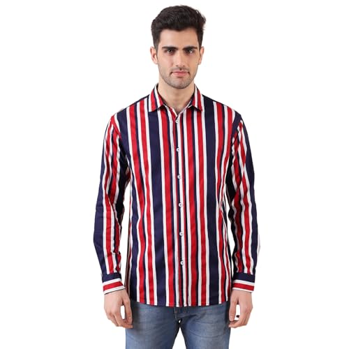 Image of Urban Scottish Men's Regular Fit Cotton Printed Shirt, Long Sleeve Button Down Collared, Soft Breathable Fabric, Stylish Everyday Wear Casual Shirt for Mens - Red & Navy