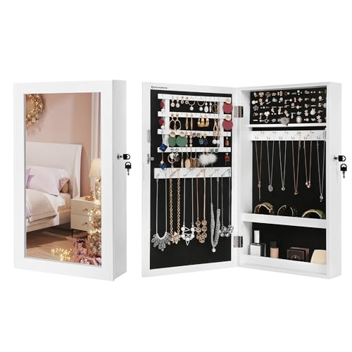 SONGMICS Lockable Jewelry Cabinet Armoire with Mirror, Wall-Mounted Space Saving Jewelry Storage...